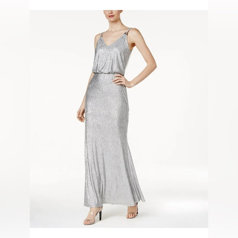 Calvin Klein Women's Metallic Silver Blouson Gown Dress